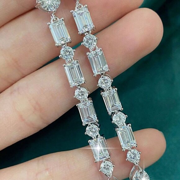 Luxury Silver Geometric Cubic Zirconia Dangle Women's Earrings - Picture 5 of 8